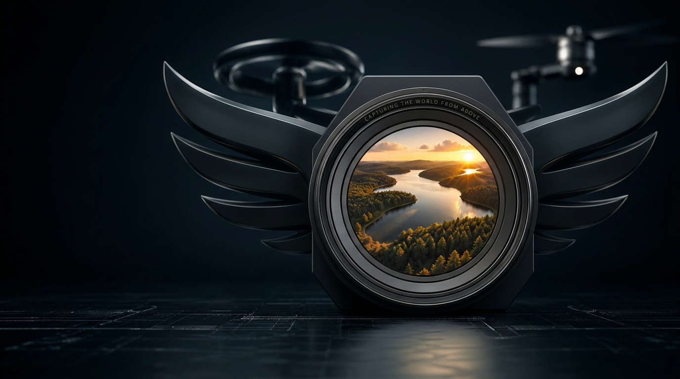 Front-facing HawkShots winged camera lens revealing an aerial lake at sunset